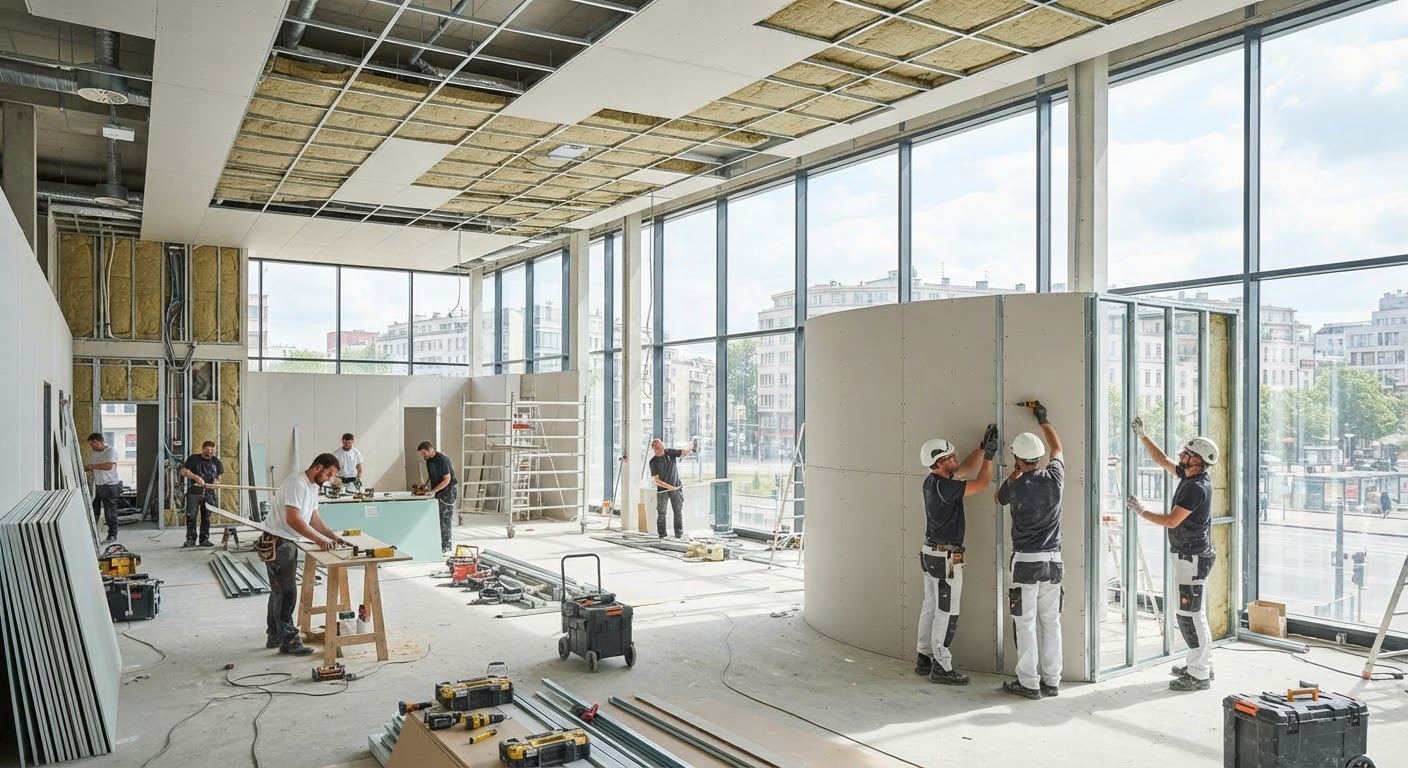 Restaurante durante la instalación de pladur, aislamiento y techo registrable