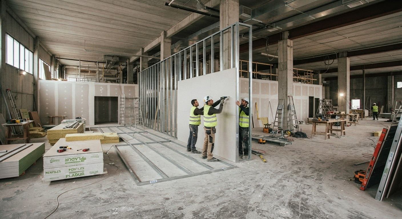 Gimnasio durante la instalación de tabiquería y revestimientos de pladur