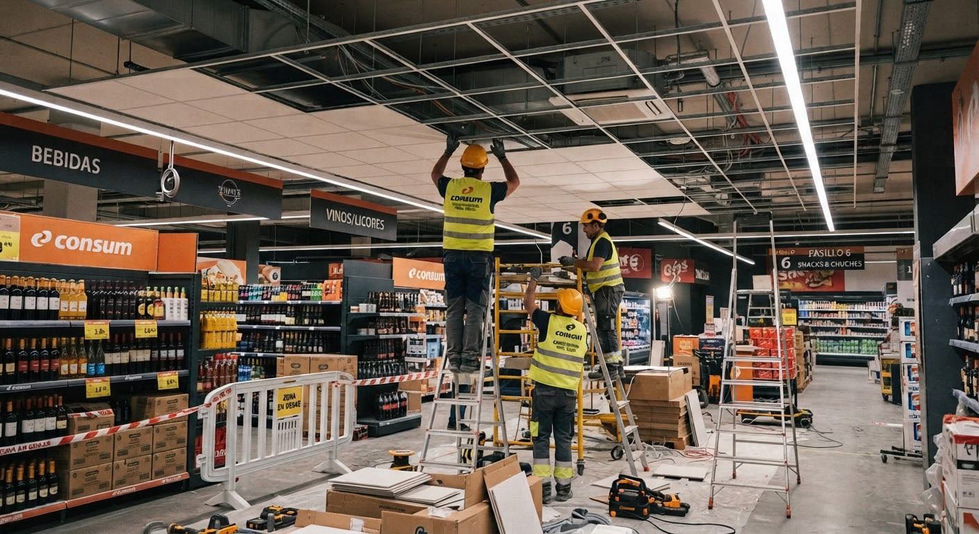 Supermercado Consum durante la instalación de techo desmontable